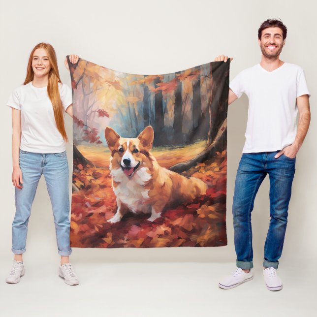 Corgi in Autumn Leaves Fall Inspire Fleece Blanket (In Situ)