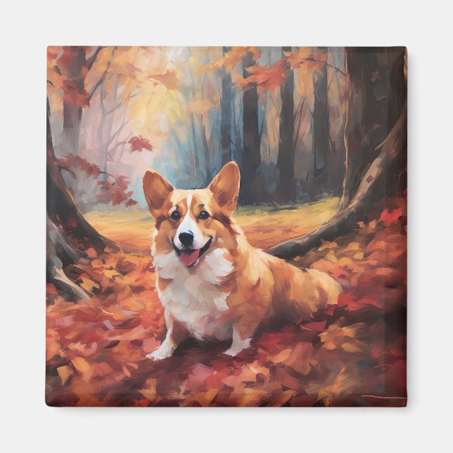 Corgi in Autumn Leaves Fall Inspire Magnet (Front)