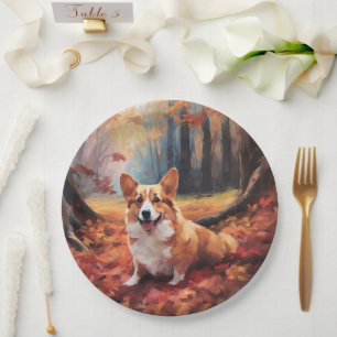 Corgi in Autumn Leaves Fall Inspire Paper Plate