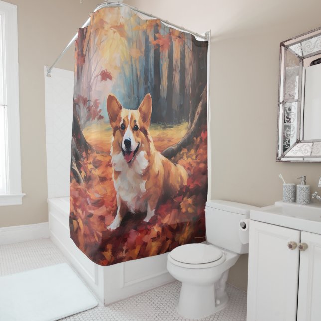 Corgi in Autumn Leaves Fall Inspire Shower Curtain (In Situ)