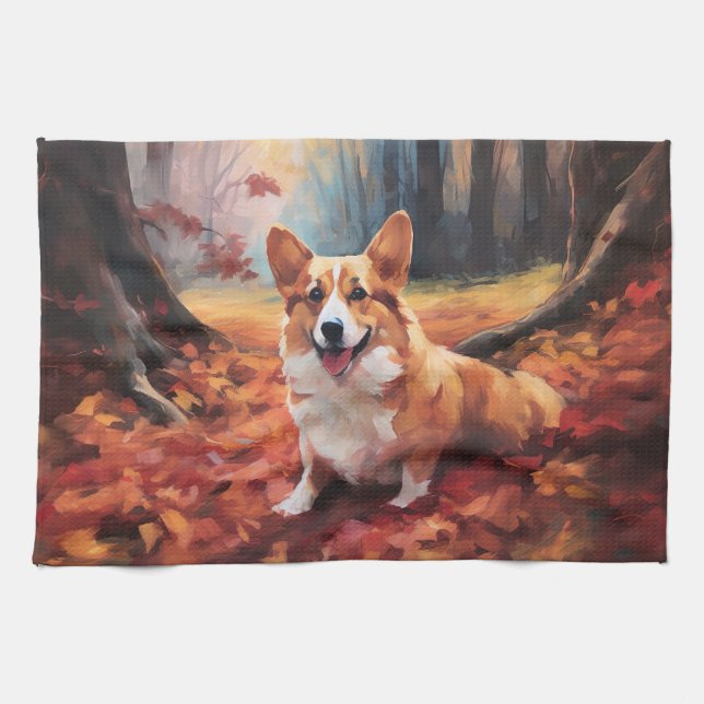 Corgi in Autumn Leaves Fall Inspire Tea Towel (Horizontal)