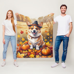 Corgi In Autumn Leaves Thanksgiving Art Fleece Blanket