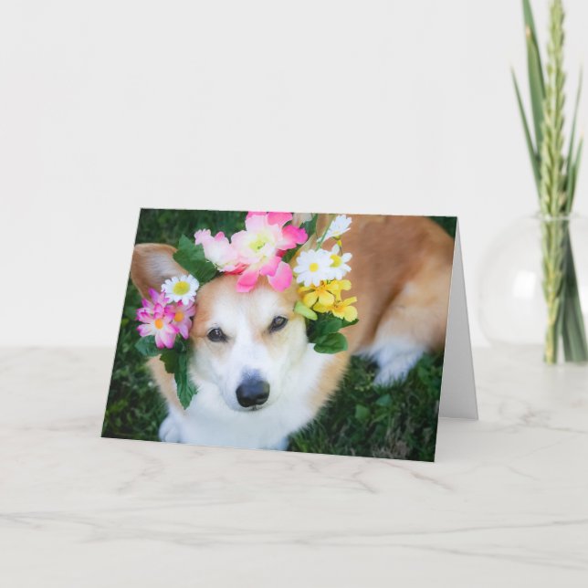 Corgi in Flower Garland birthday greeting card (Front)