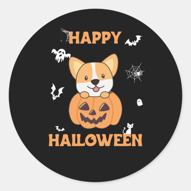 Corgi In Pumpkin Cute Dogs Happy Halloween Classic Round Sticker (Front)