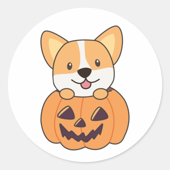 Corgi In Pumpkin Cute Dogs Happy Halloween Classic Round Sticker (Front)