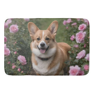 Corgi In The Pink Roses, Bath Mat