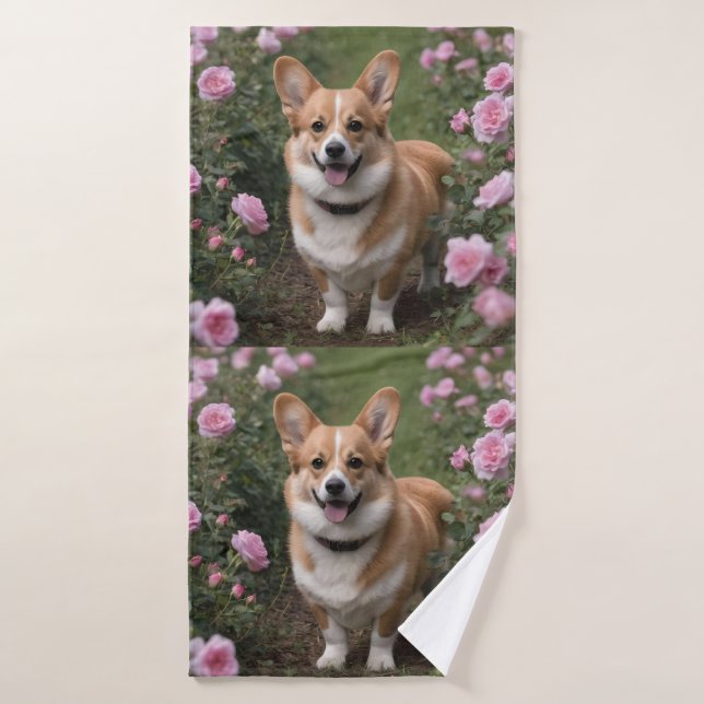 Corgi In The Pink Roses,  Bath Towel (Bath Towel)