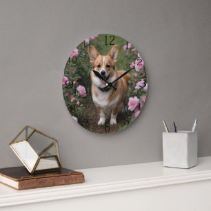Corgi In The Pink Roses, Large Clock