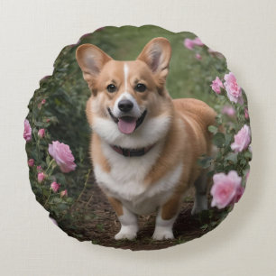 Corgi In The Pink Roses, Round Cushion