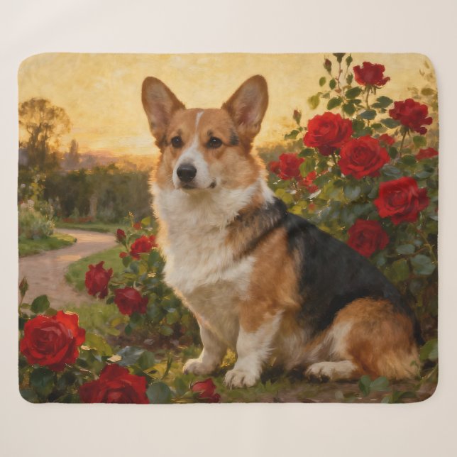 Corgi in the Roses II Sherpa Blanket (Front (Horizontal))