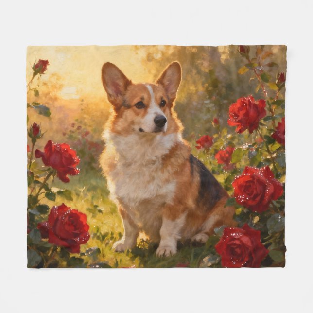 Corgi in the Roses III Fleece Blanket (Front (Horizontal))