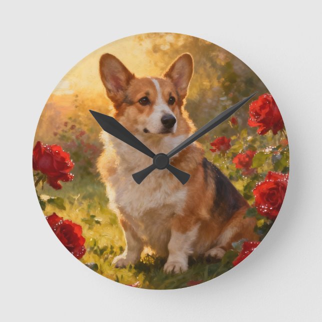 Corgi in the Roses III Round Clock (Front)