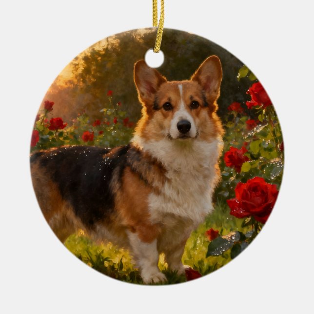 Corgi in the Roses IV Ornament (Front)