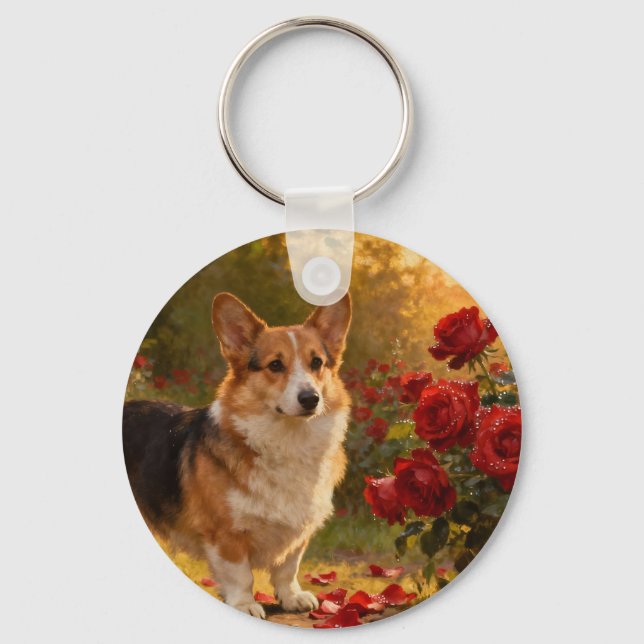 Corgi in the Roses V Key Ring (Front)