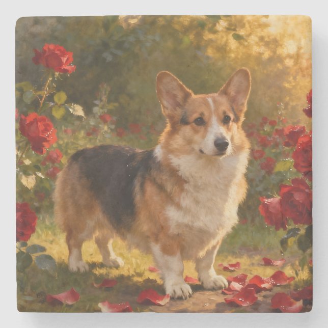 Corgi in the Roses V Stone Coaster (Front)