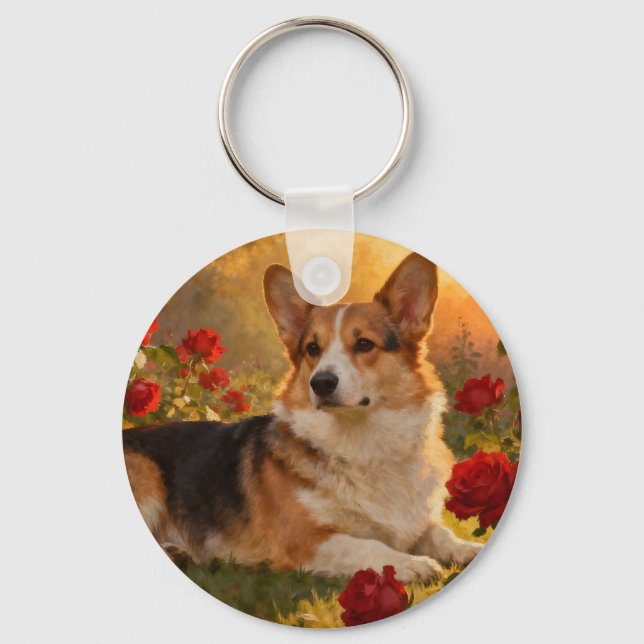 Corgi in the Roses VI Key Ring (Front)