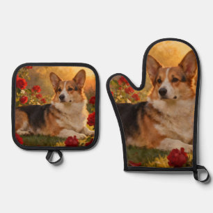Corgi in the Roses VI Oven Mitt & Pot Holder Set