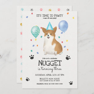 Corgi Lets Pawty Dog Birthday Invitation Blue