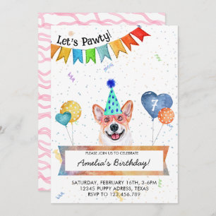 Corgi Lets Pawty Dog Birthday Party Invitation