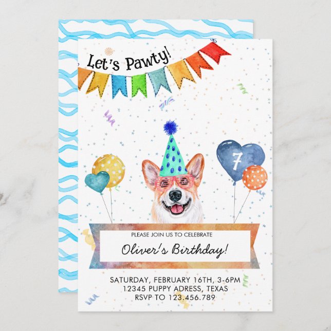 Corgi Lets Pawty Dog Birthday Party Invitation (Front/Back)
