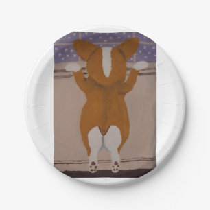 Corgi looking out window paper plate