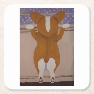 Corgi looking out window square paper coaster