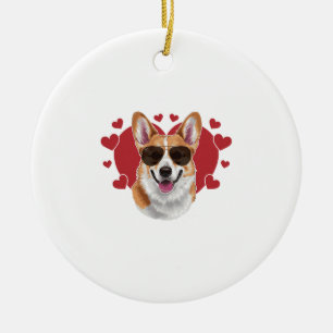 Corgi Love Cool Sunglasses Surrounded by Hearts Ceramic Tree Decoration