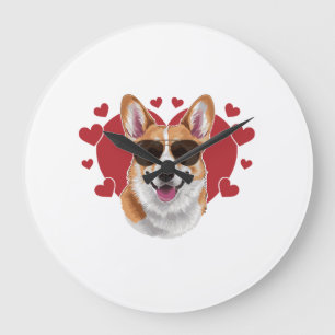 Corgi Love Cool Sunglasses Surrounded by Hearts Large Clock