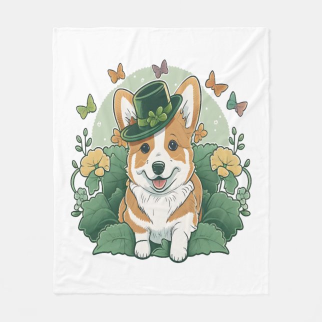 Corgi Lover Shamrock Happy St Patricks Day Fleece Blanket (Front)
