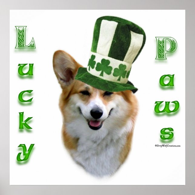 Corgi Lucky Paws; Corgi St Patrick's Day gift Poster (Front)