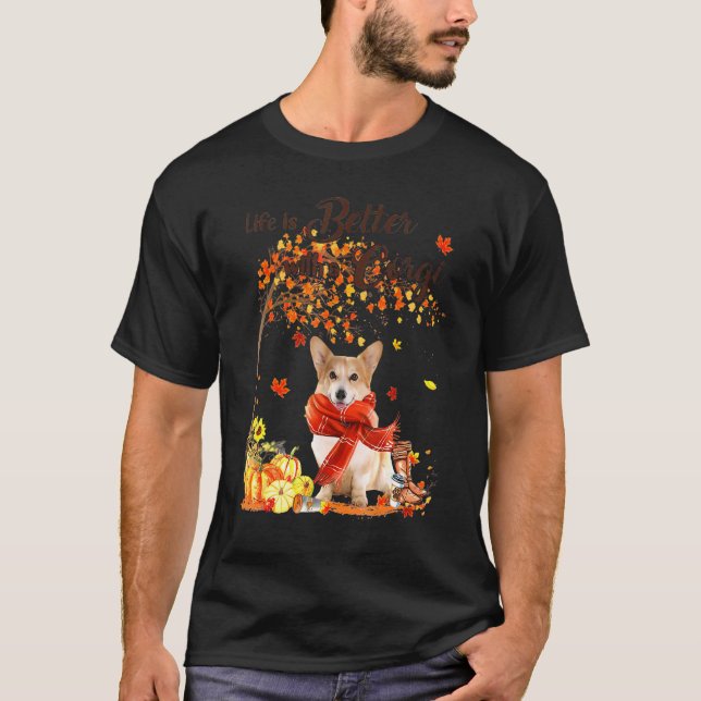 Corgi Maple Tree Thanksgiving Day Cute Dog Fall T-Shirt (Front)
