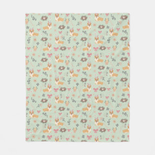 Corgi Mint Garden Floral Seamless Pattern Fleece Blanket