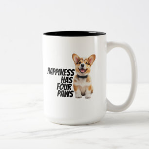 Corgi Moms Dads Playful “Happiness Has Four Paws" Two-Tone Coffee Mug