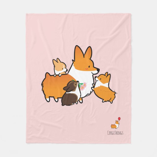 Corgi Mum and Puppies Fleece Blanket (Front)