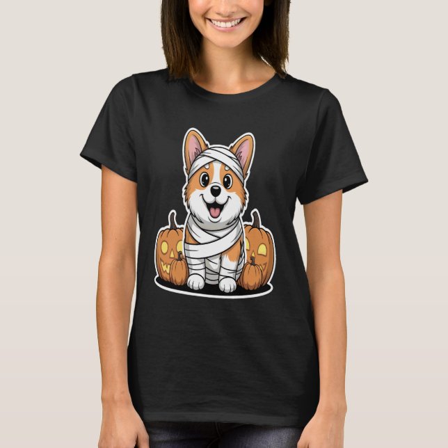 Corgi Mummy Halloween Pumpkins Dog T-Shirt (Front)