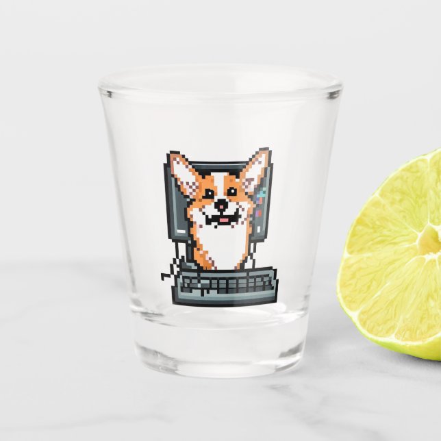 Corgi on a computer shot glass (Front)