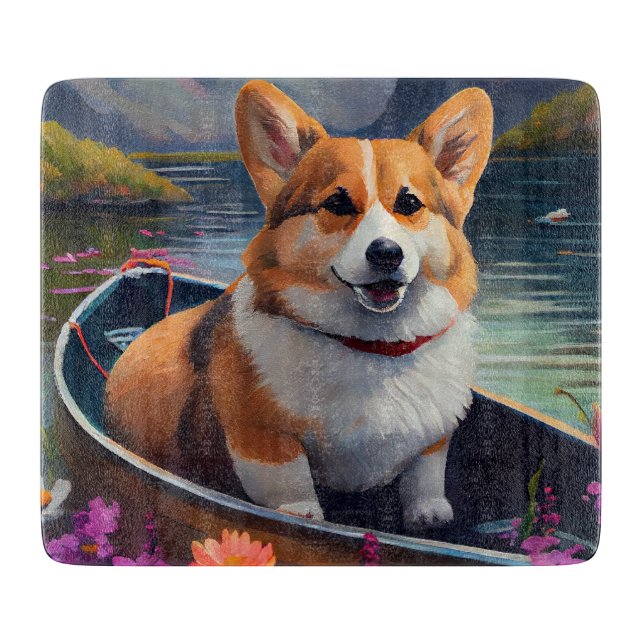 Corgi on a Paddle: A Scenic Adventure Cutting Board (Front)