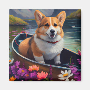 Corgi on a Paddle: A Scenic Adventure Magnet