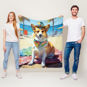 Corgi on Beach, summer gift for dog lovers  Fleece Blanket
