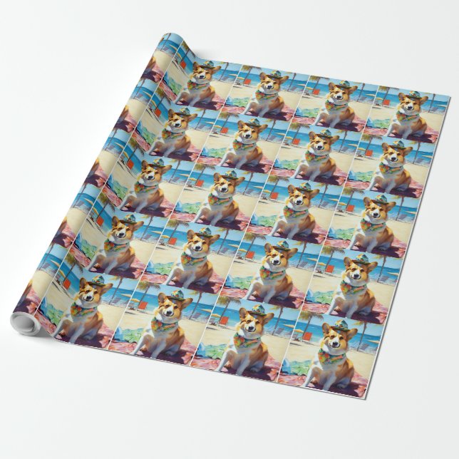 Corgi on Beach, summer gift for dog lovers  Wrapping Paper (Unrolled)