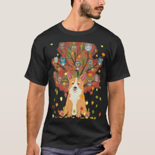 Corgi Owl Coffee Autumn Leaves Fall Thanksgiving T-Shirt