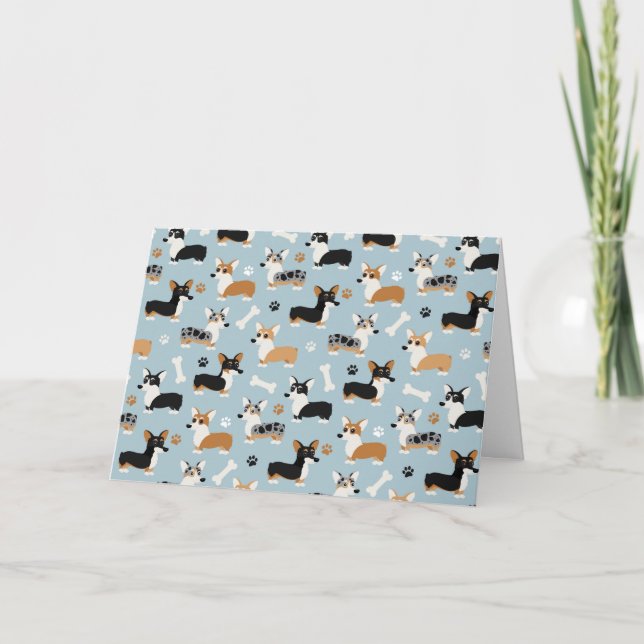 Corgi Pattern Blue Holiday Card (Front)