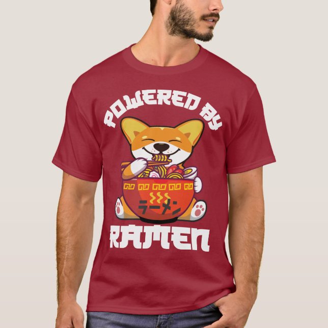 CORGI POWERED BY RAMEN | Kawaii Corgi Eating Ramen T-Shirt (Front)
