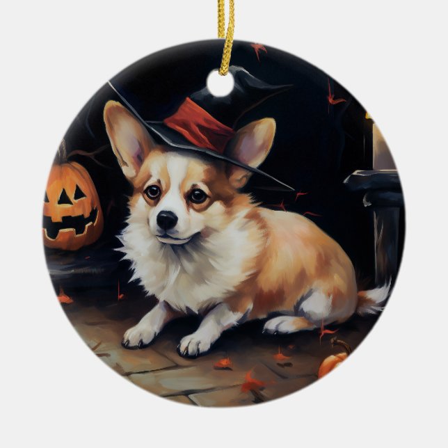 Corgi Pumpkins Halloween Scary Ceramic Tree Decoration (Front)