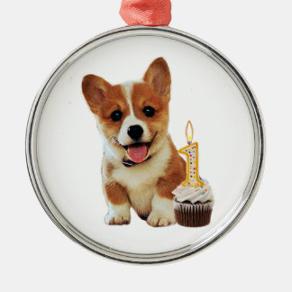 Corgi puppy and first birthday cupcake metal tree decoration