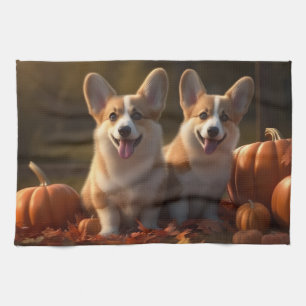 Corgi Puppy Autumn Delight Pumpkin Tea Towel