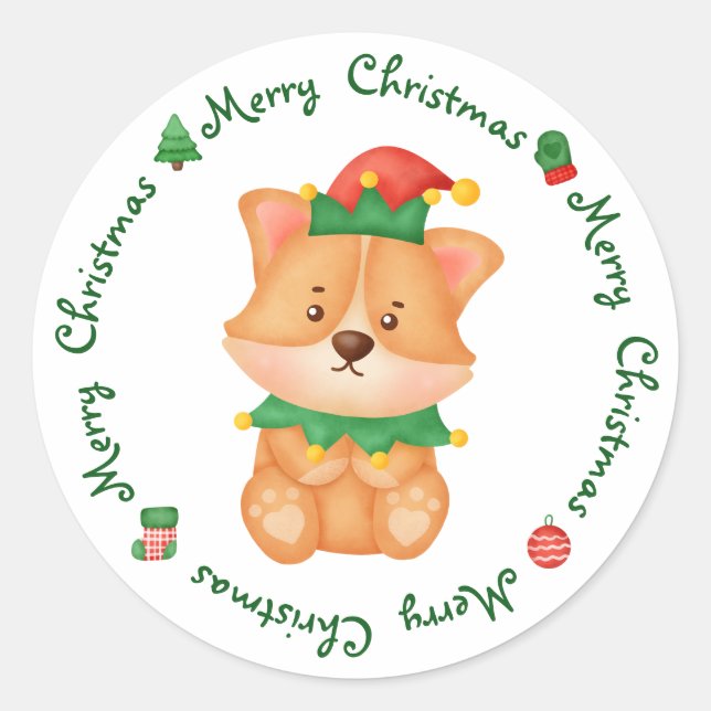 Corgi Puppy Dog Cute Elf Festive Merry Christmas Classic Round Sticker (Front)