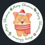 Corgi Puppy Dog Cute Festive Santa Merry Christmas Classic Round Sticker<br><div class="desc">Send Christmas greetings with this adorable Merry Christmas Pembroke Welsh Corgi Santa Dog stickers. This Pembroke Welsh Corgi christmas sticker will be a favourite among Corgi lovers. Visit our collection for matching Pembroke Welsh Corgi christmas cards, home decor, and gifts. COPYRIGHT © 2022 Judy Burrows, Black Dog Art - All...</div>