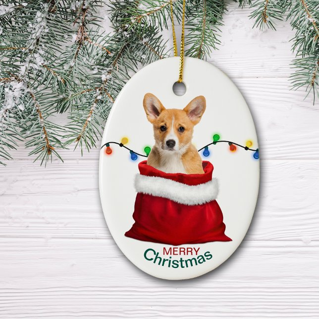 Corgi Puppy Dog in Holiday Gift Bag  Ceramic Tree Decoration (Creator Uploaded)