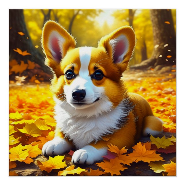 Corgi Puppy Dog Playing in Fall Leaves Poster (Front)